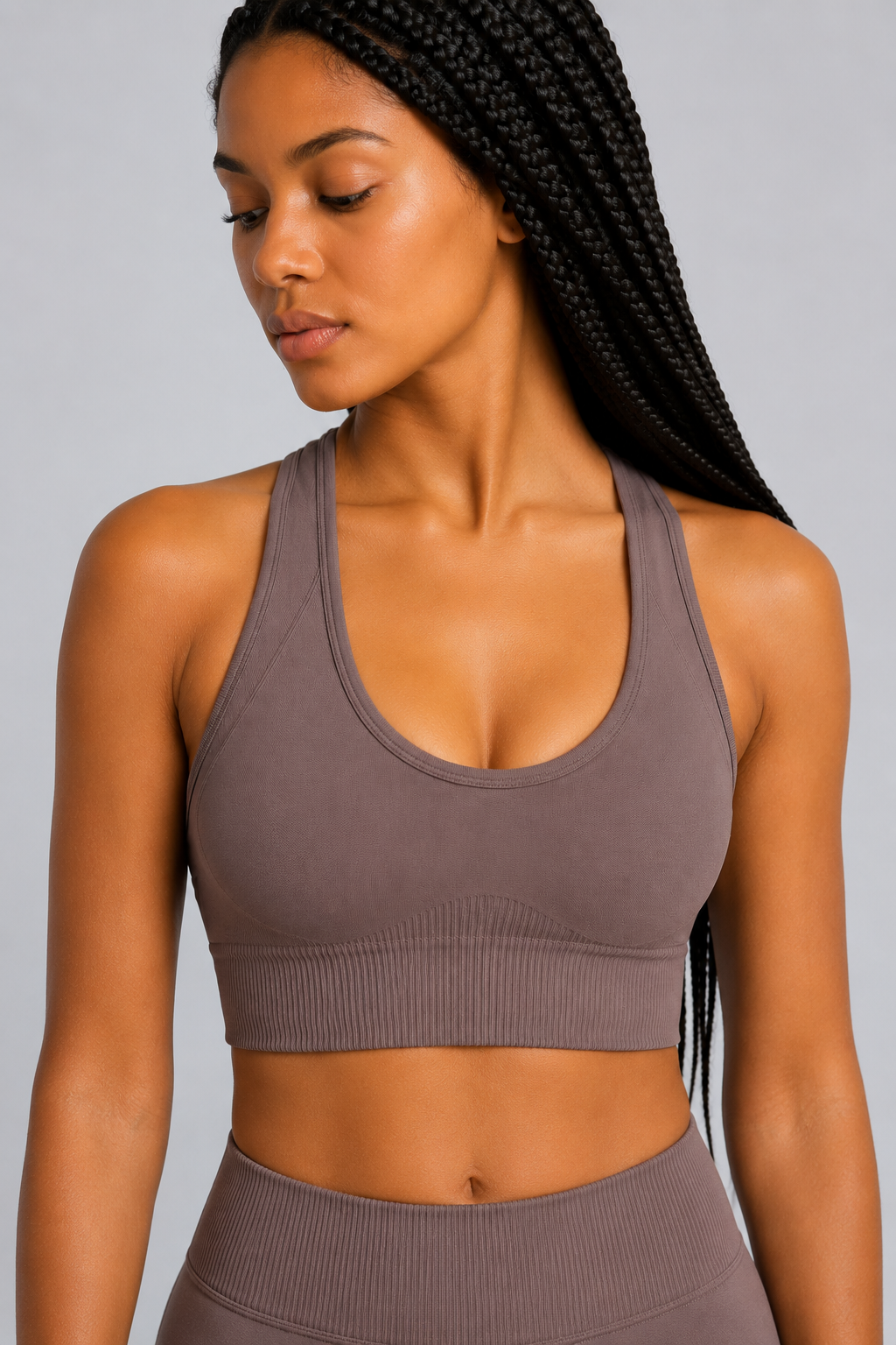 seamless racerback sports bra brown close up