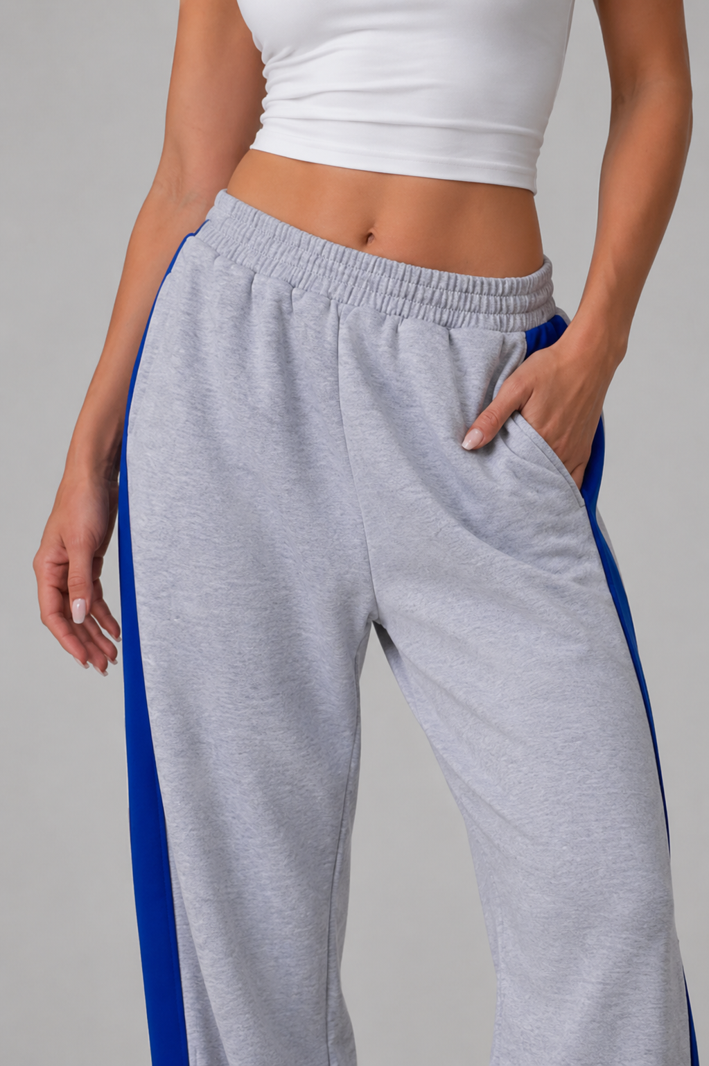 wide leg sweatpants women grey stripe pocket detail