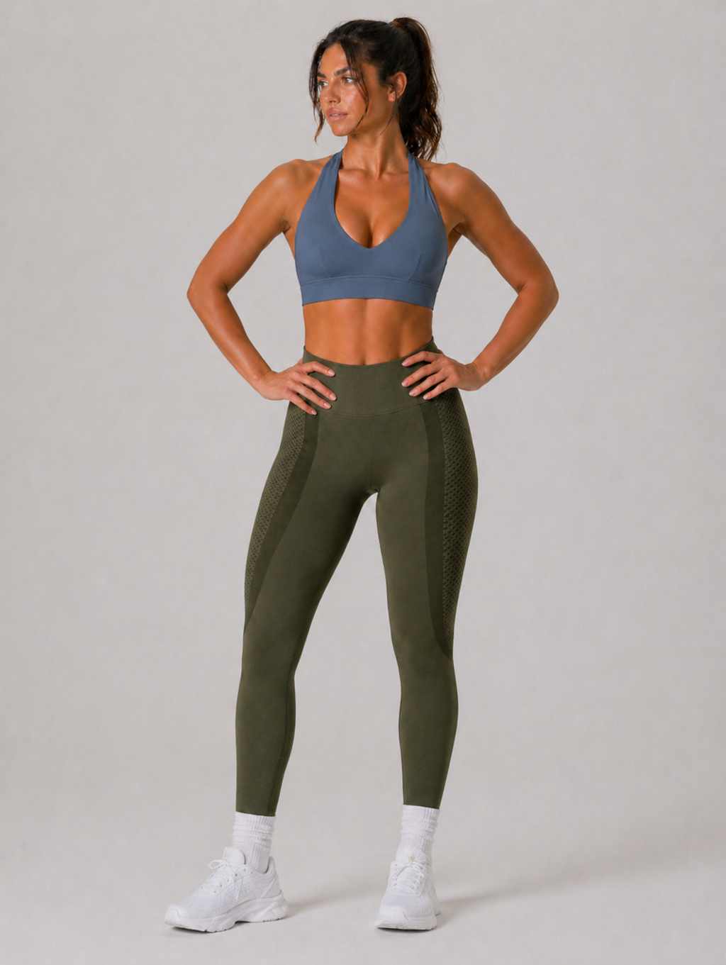halter sports bra blue gray full outfit gym wear