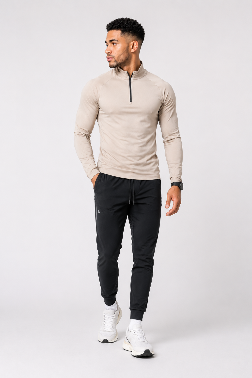 men’s long sleeve quarter zip beige full body outfit