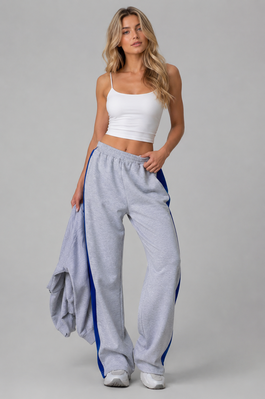 wide leg sweatpants women grey stripe full body view
