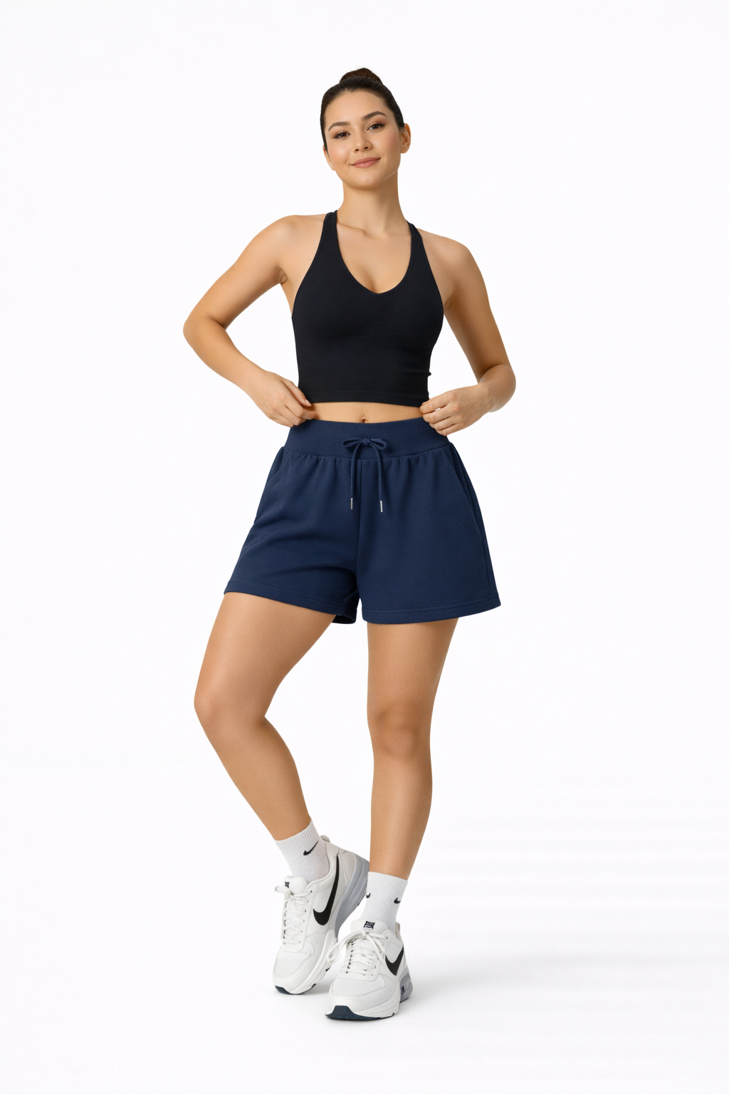 high waist sweat shorts women gym outfit dark blue