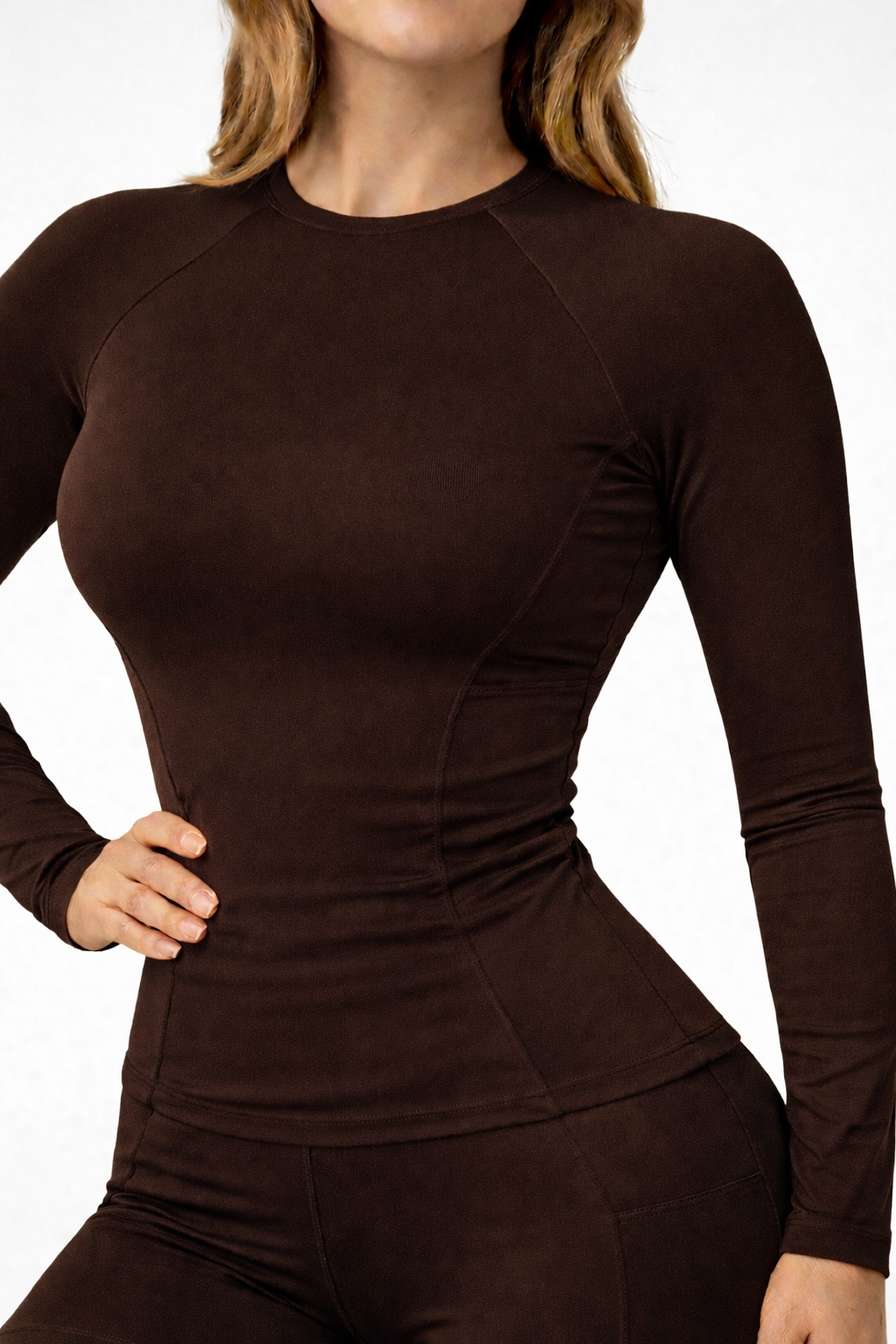 slim fit long sleeve top women brown seamless front detail
