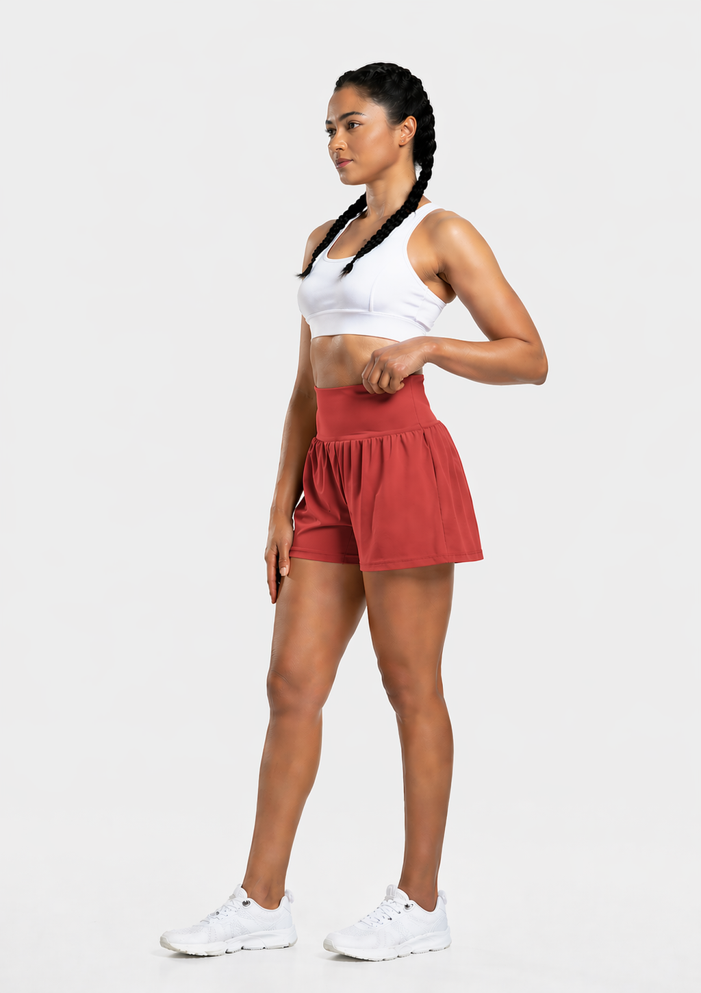 2-in-1 gym shorts women pocket rust red full body