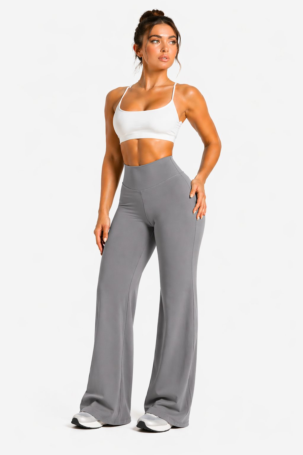 flare leggings women outfit gym grey