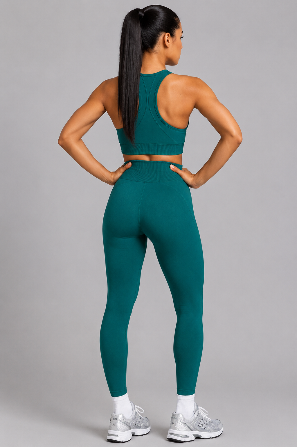 seamless racerback sports bra green standing outfit