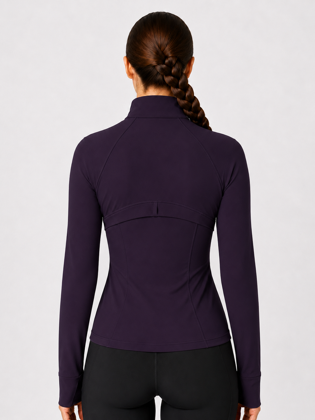 women yoga zip jacket dark purple back view standing