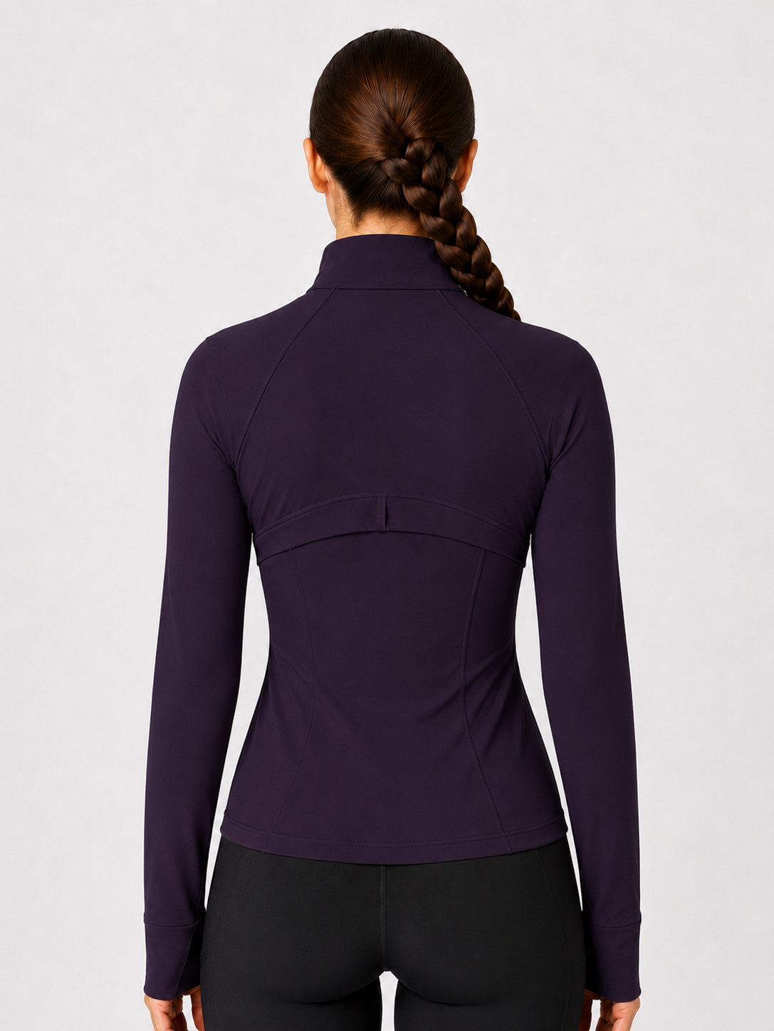 women yoga zip jacket dark purple back view standing