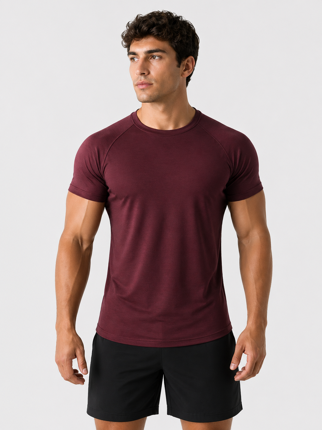 mens workout t shirt burgundy front view