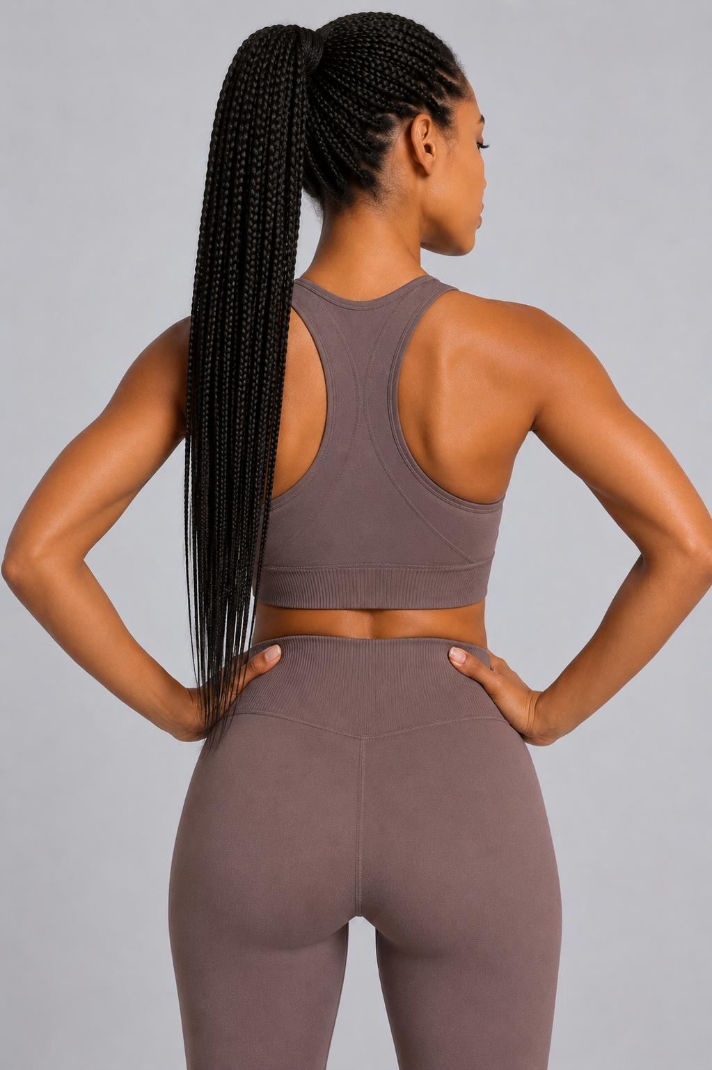 seamless racerback sports bra brown back pose