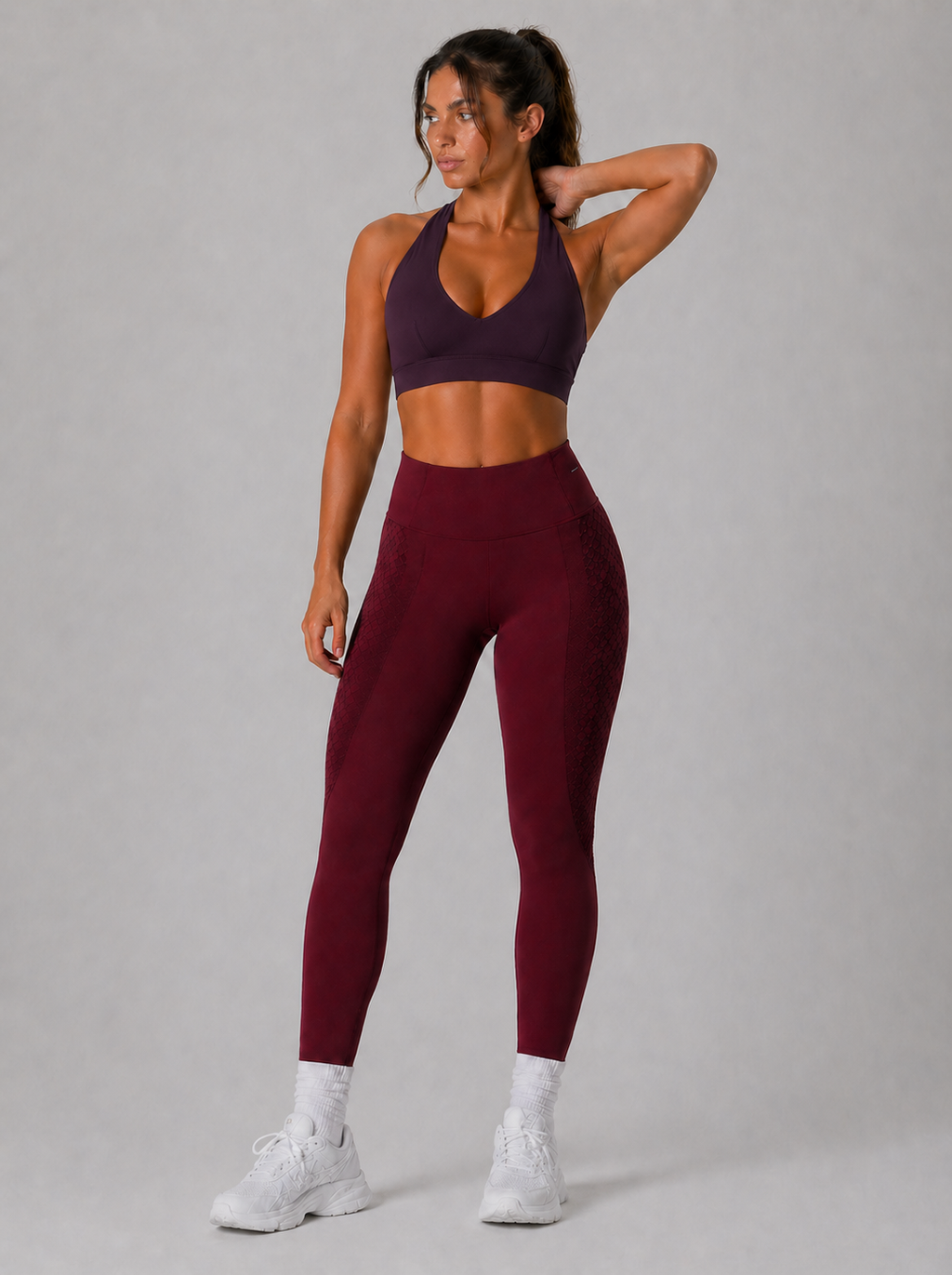 halter sports bra deep purple full outfit gym wear