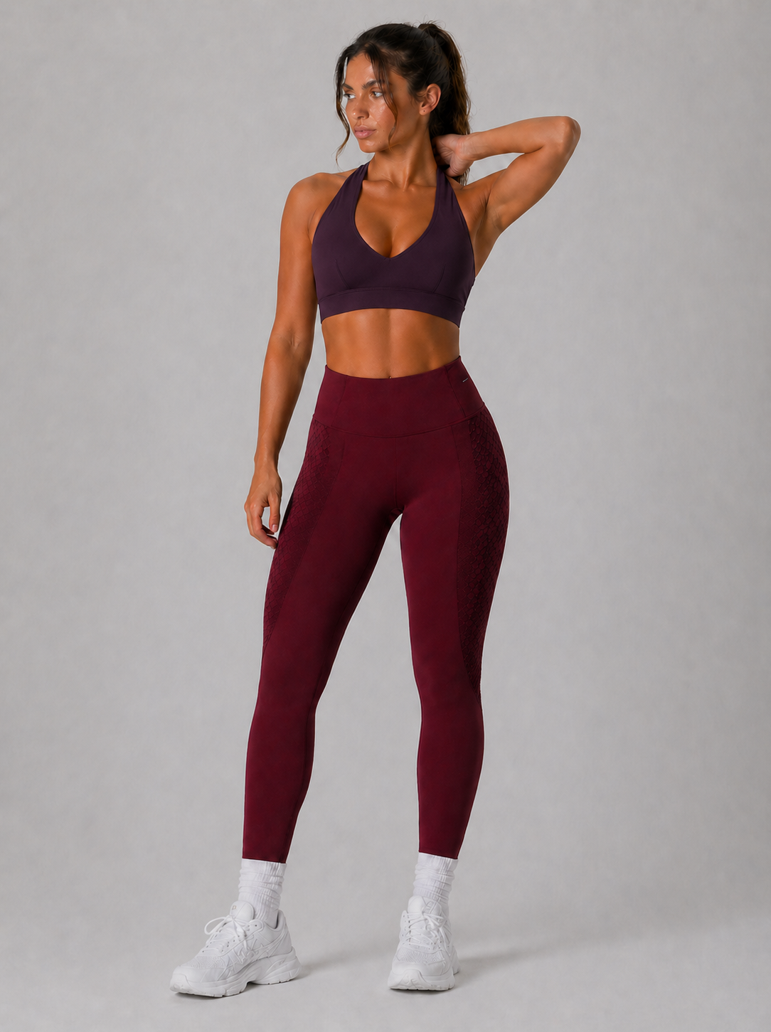 halter sports bra deep purple full outfit gym wear