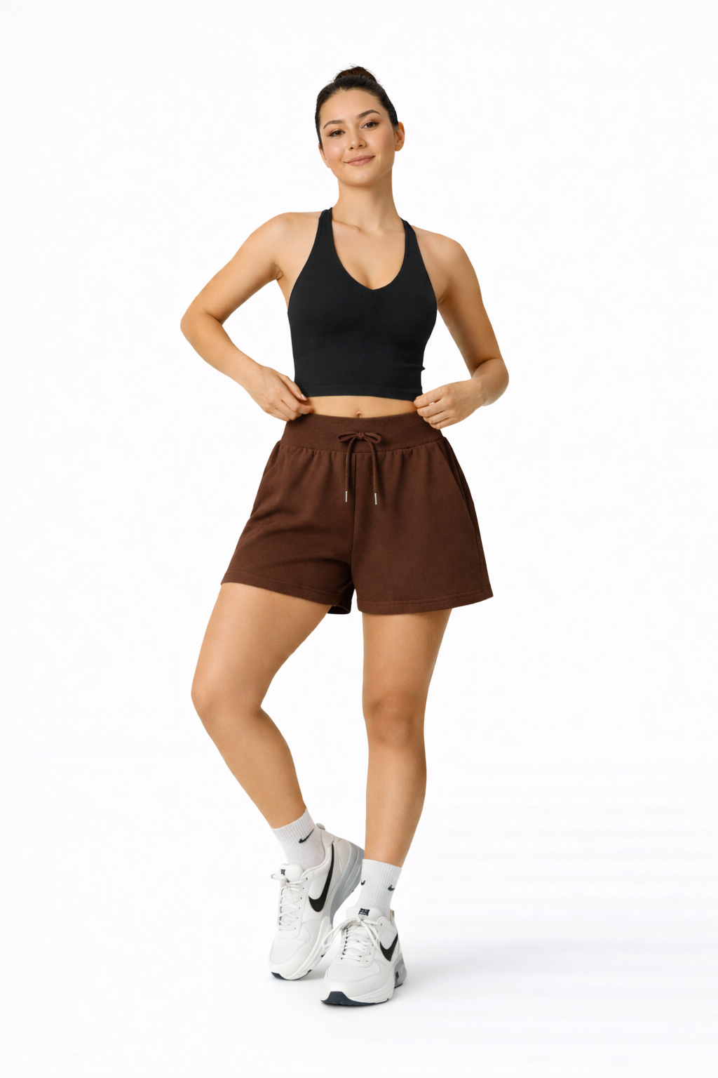high waist sweat shorts women gym outfit brown