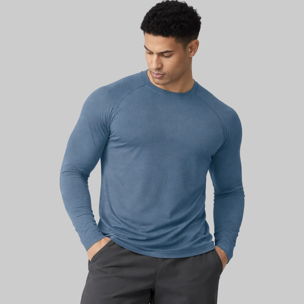 mens long sleeve training shirt blue gray close fit
