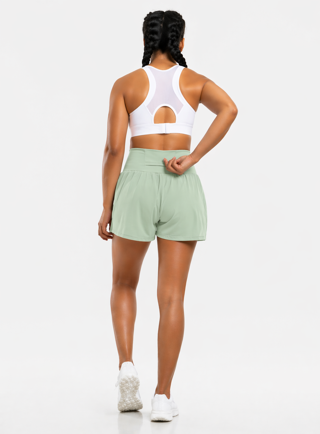 2-in-1 gym shorts women pocket bean green rear view