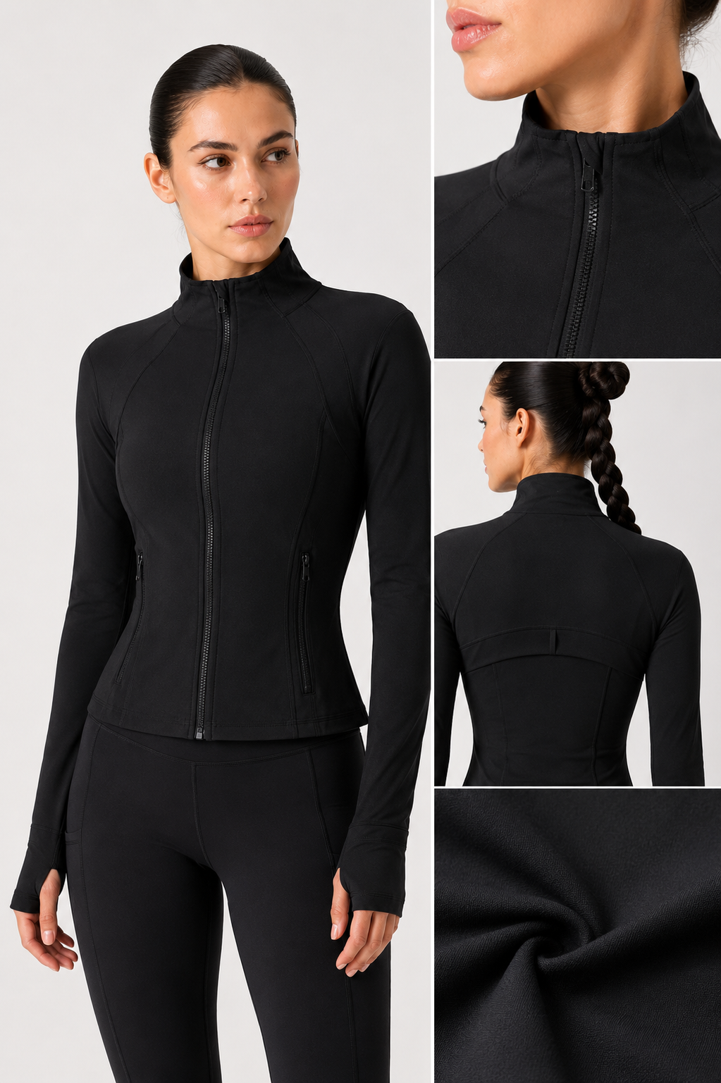 women yoga zip jacket black fabric detail close up
