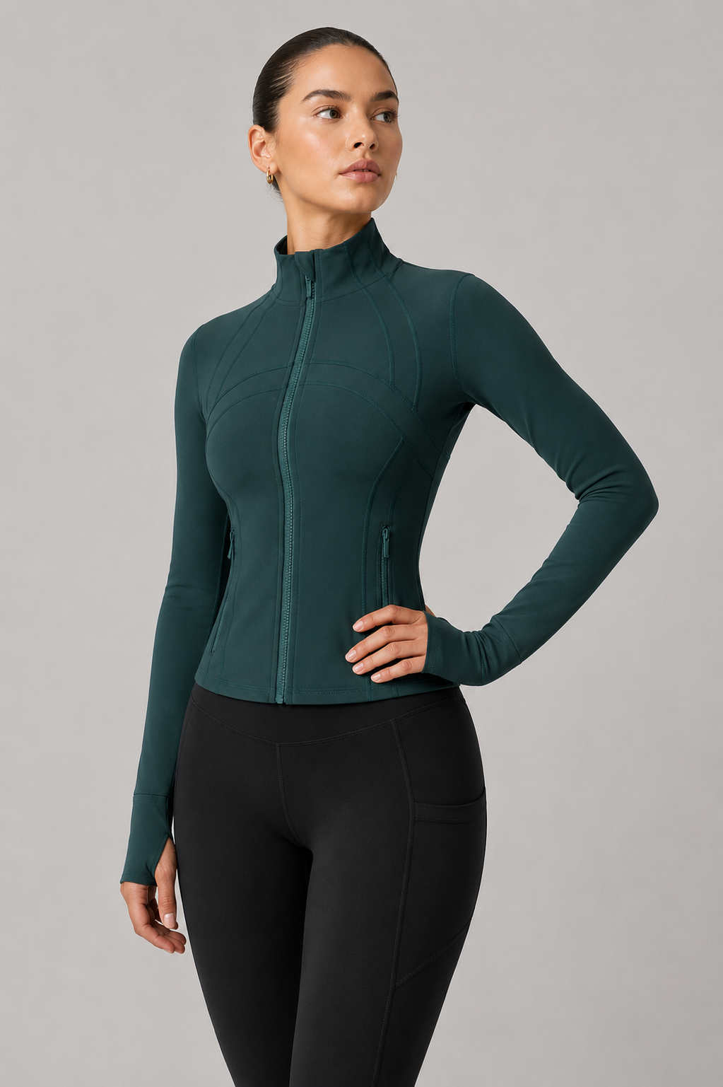 women yoga zip jacket teal front view standing