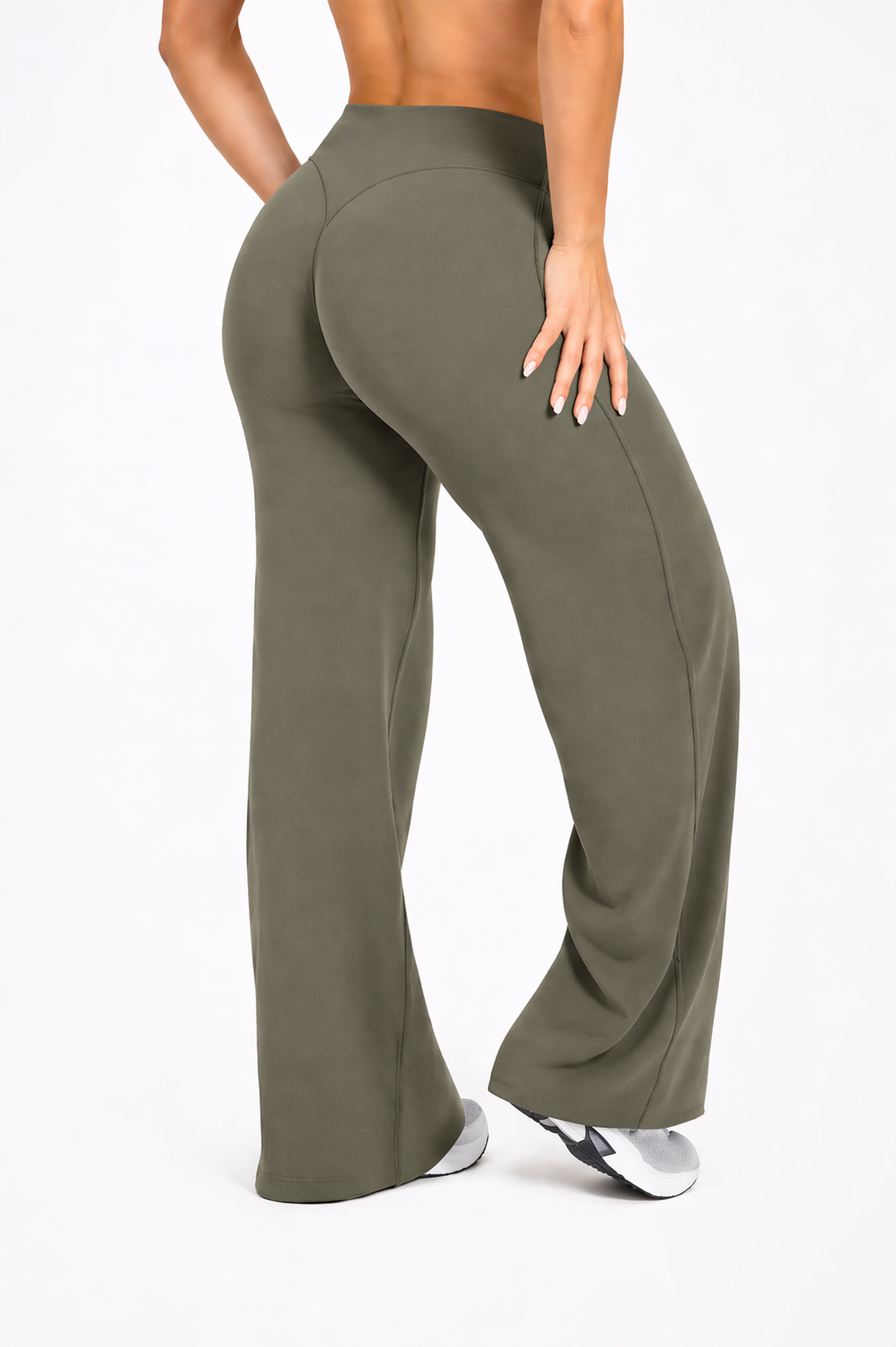 flare leggings women side view stretch fit olive green