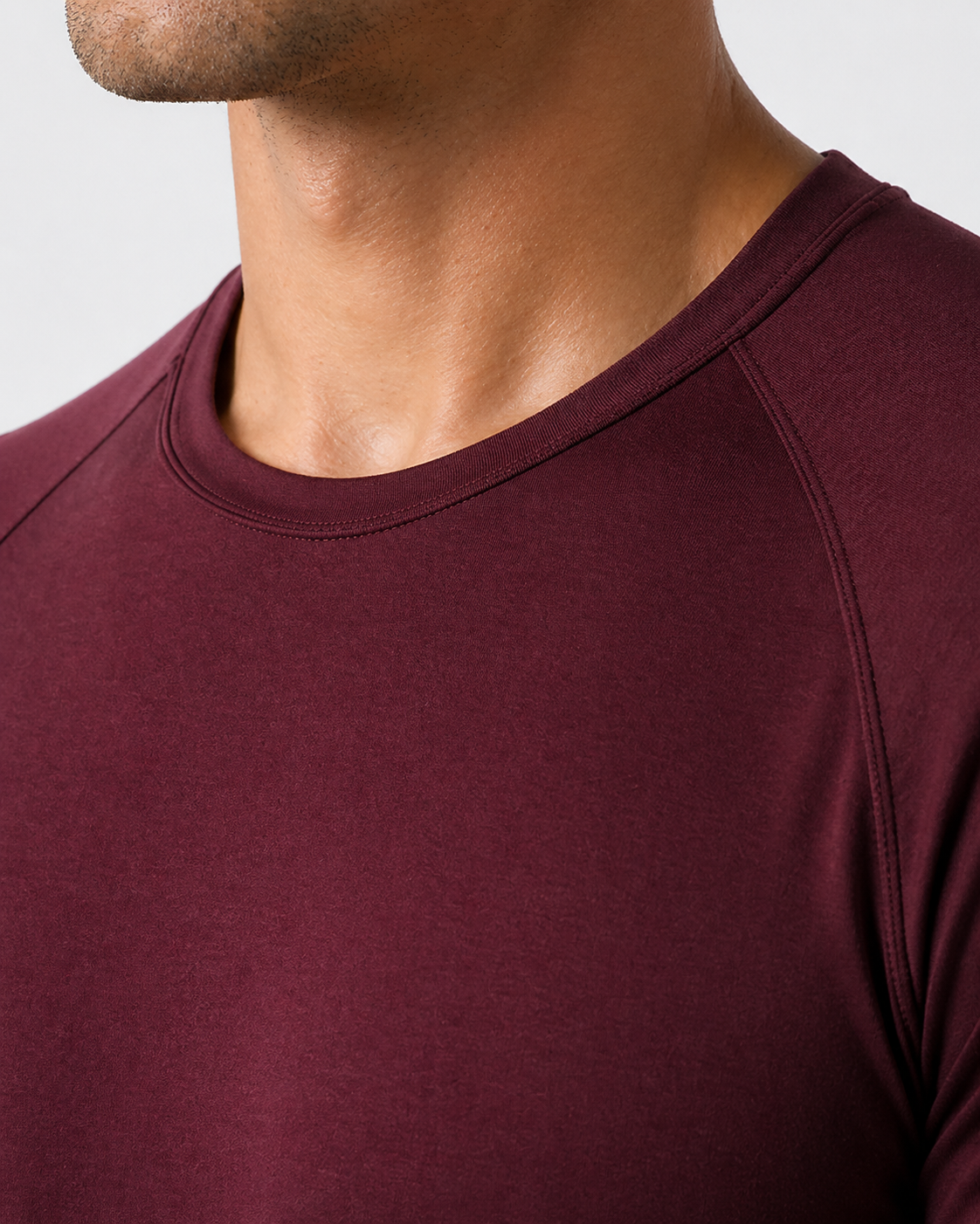 mens workout t shirt burgundy neckline detail