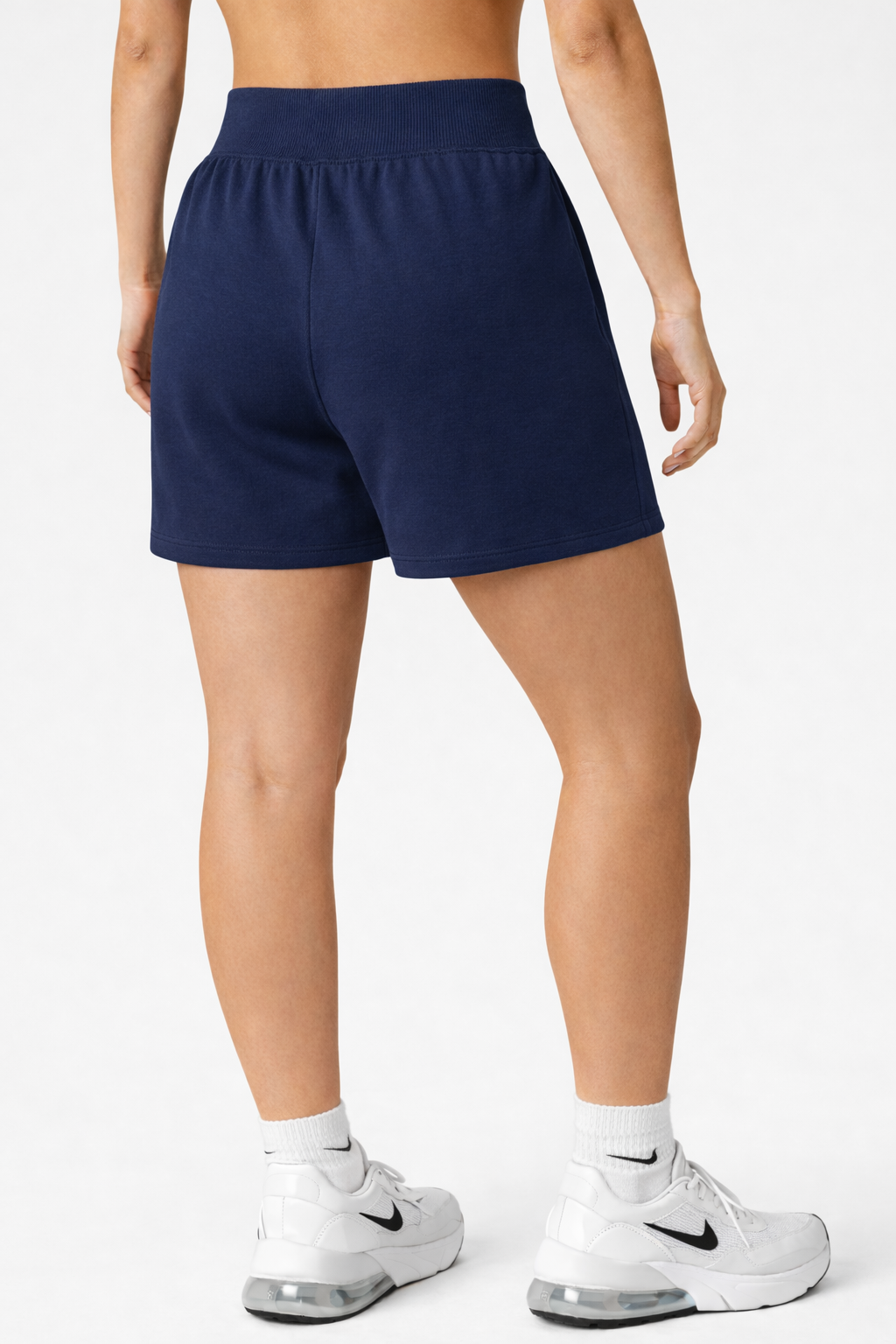 high waist sweat shorts women back view dark blue