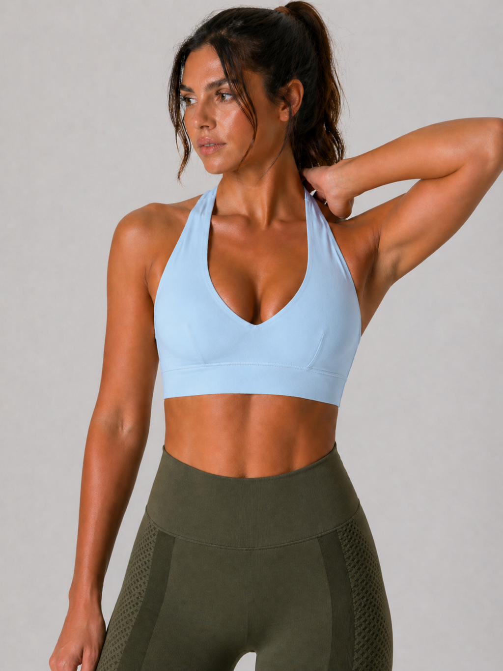 halter sports bra light blue side view