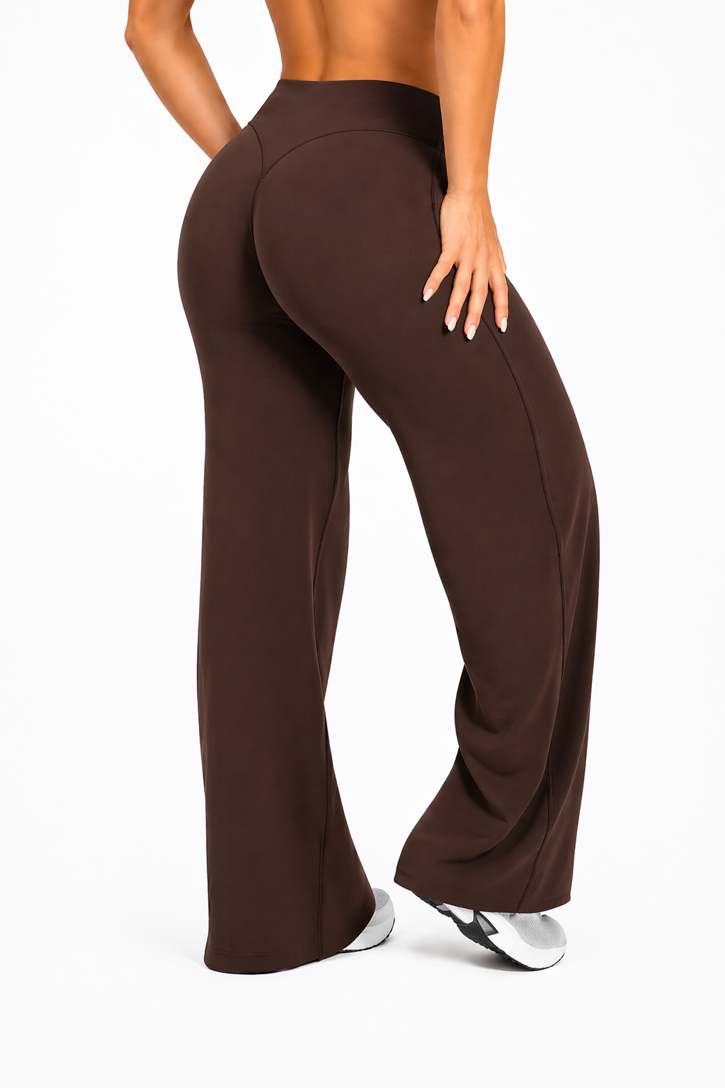 flare leggings women side view stretch brown