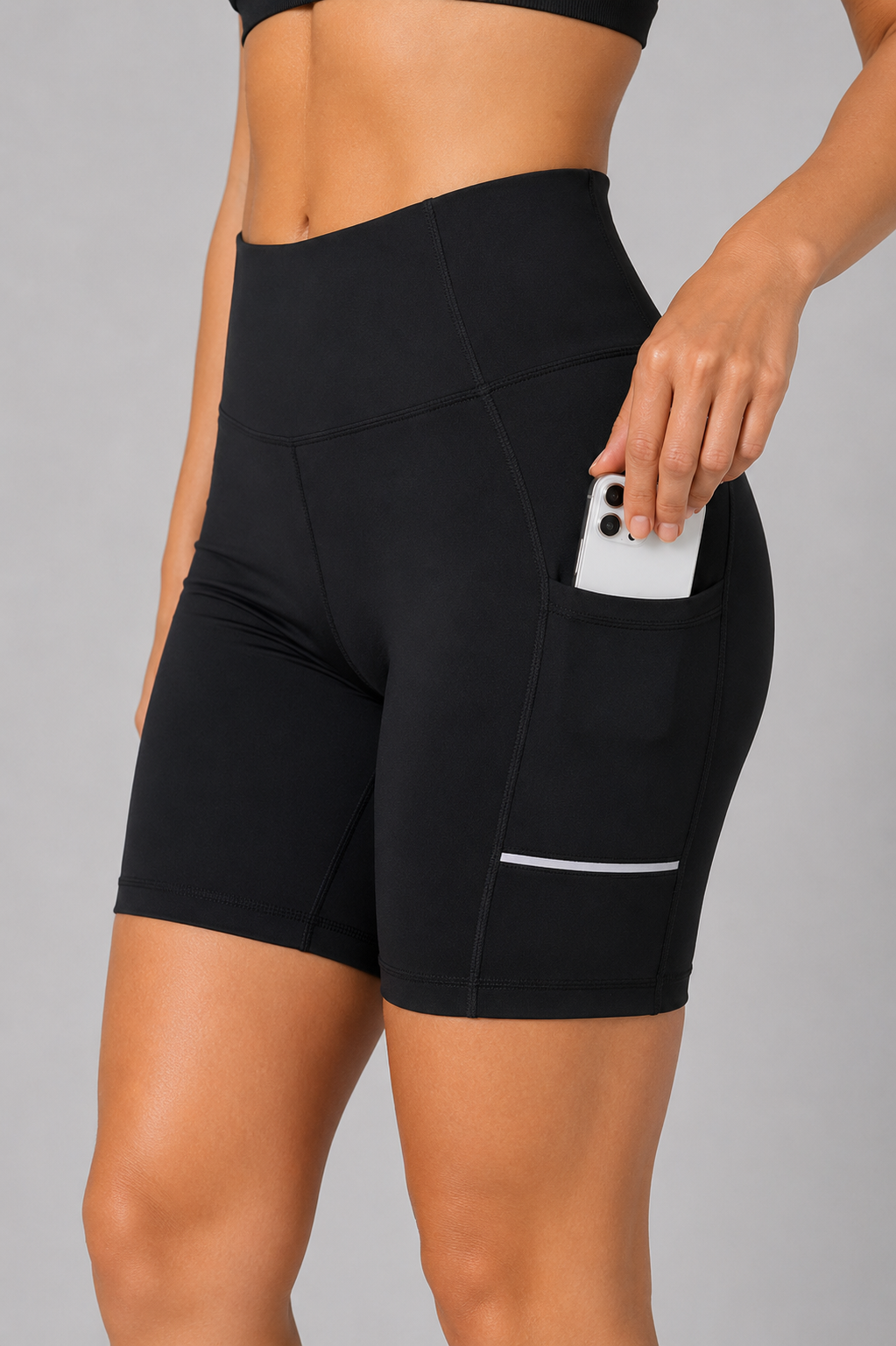 high waist biker shorts women black side pocket detail