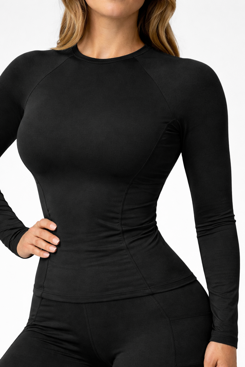 slim fit long sleeve top women black seamless front detail