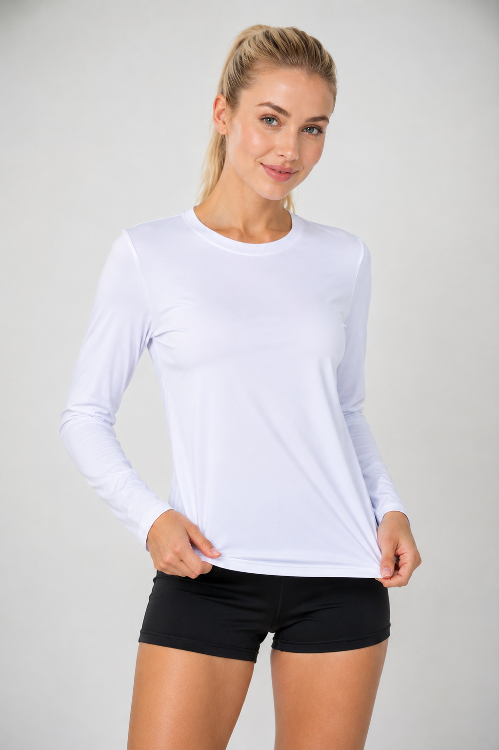 women’s long sleeve active top white front view