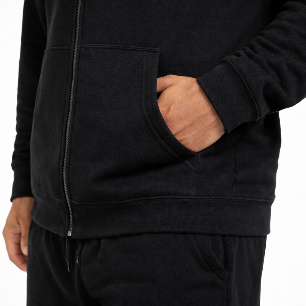 mens zip hoodie black pocket detail