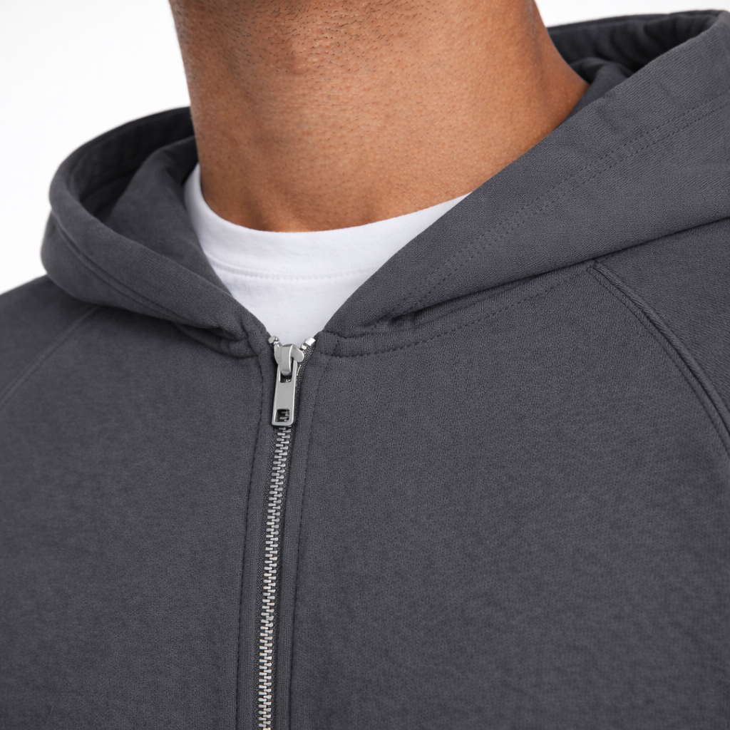 mens zip hoodie dark grey zipper detail close up