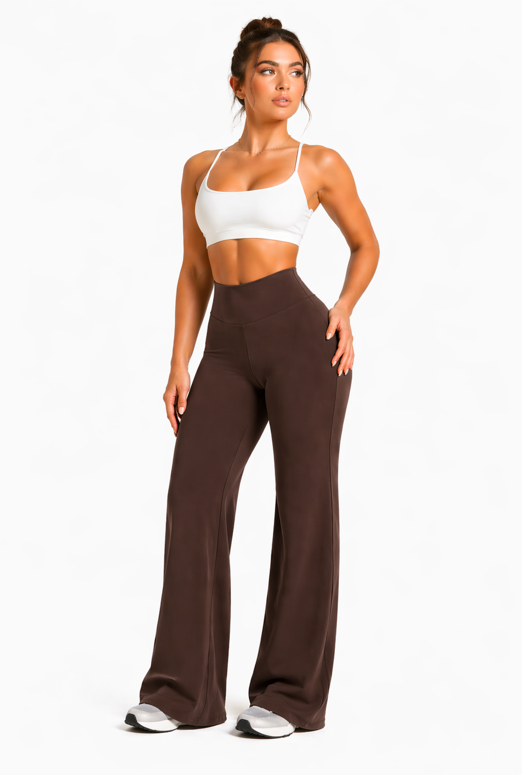 flare leggings women outfit gym brown