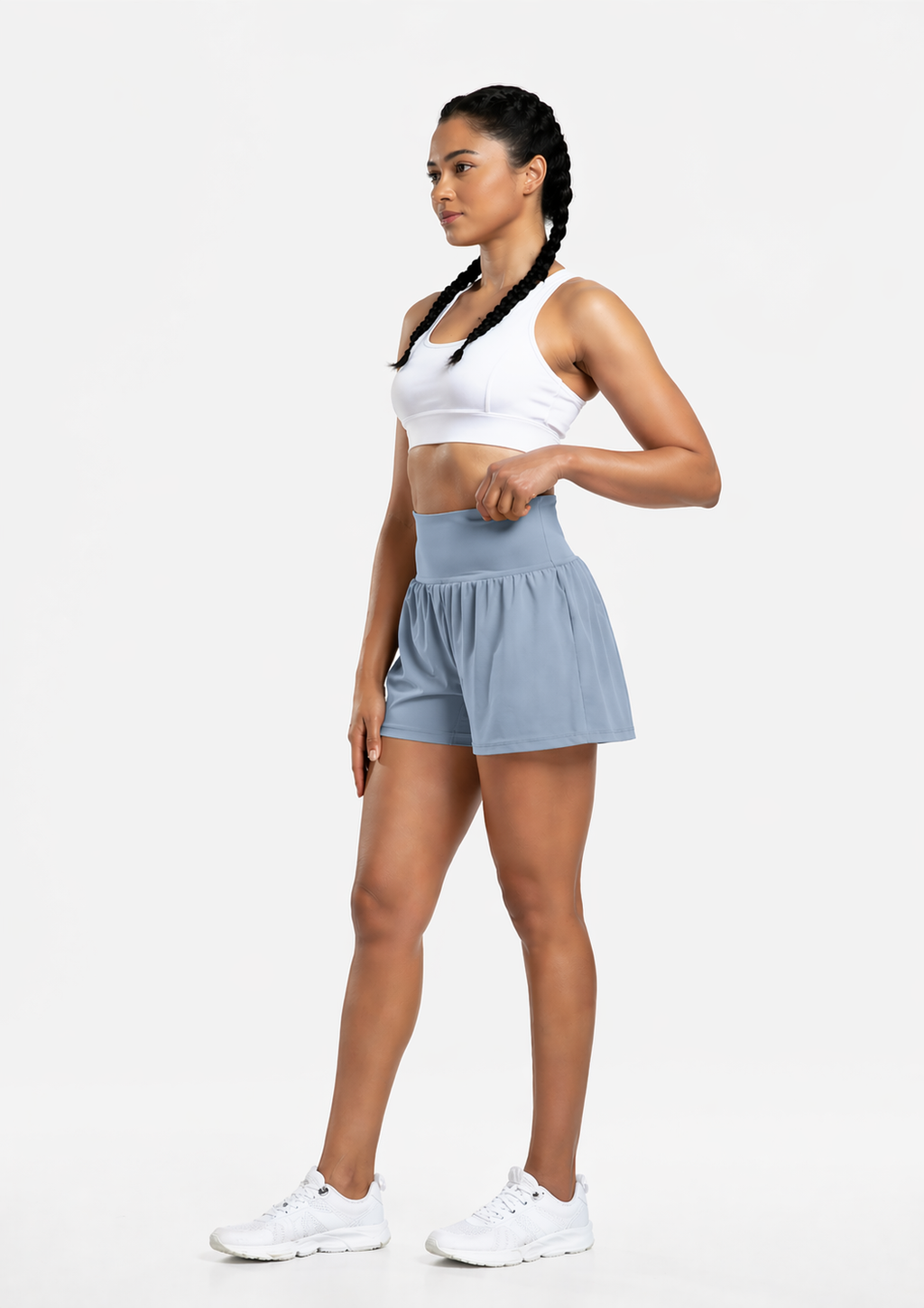 2-in-1 gym shorts women pocket light blue full body