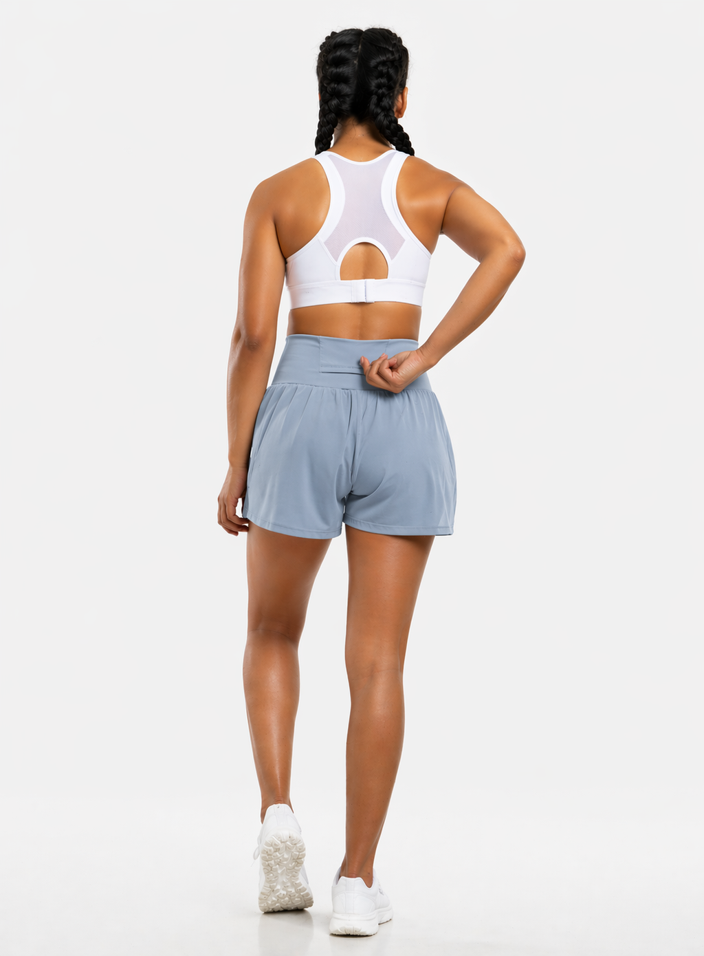 2-in-1 gym shorts women pocket light blue back view