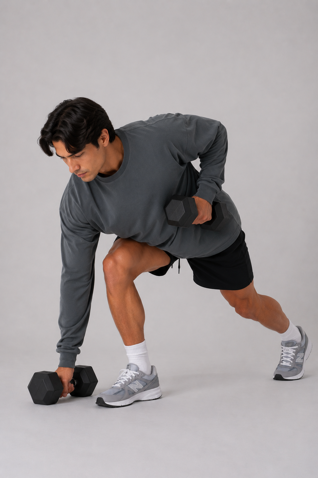 men’s everyday long sleeve dark grey gym training pose