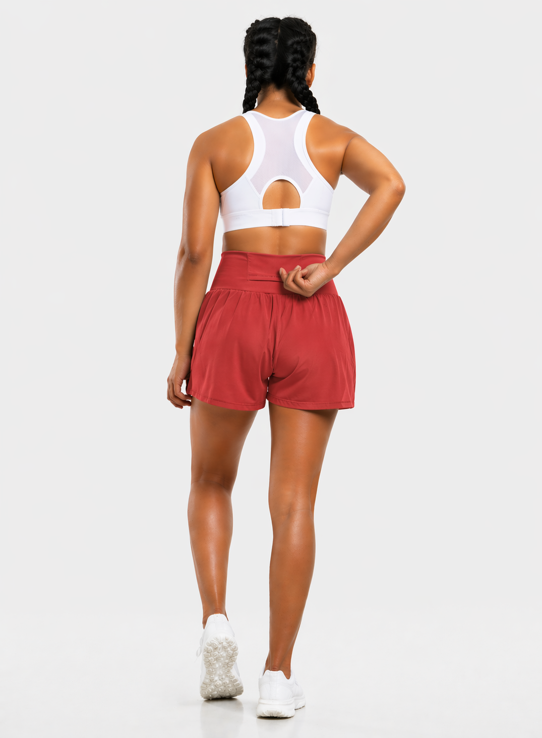 2-in-1 gym shorts women pocket rust red back view