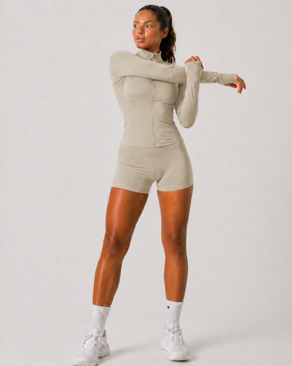 seamless zip long sleeve top women beige full body