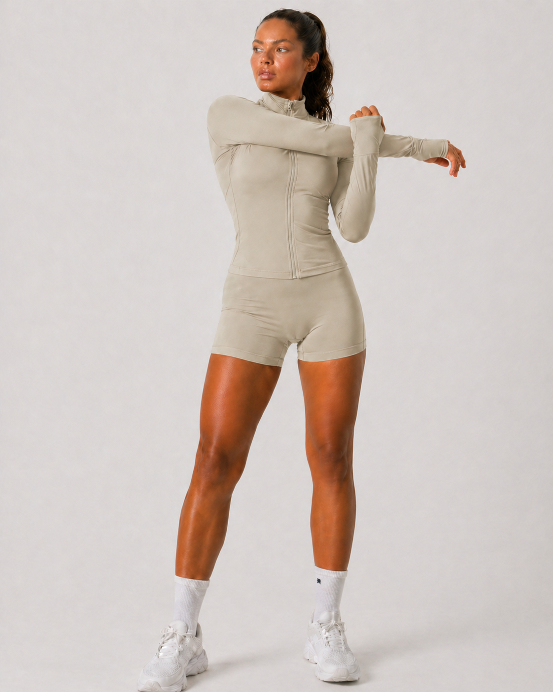 seamless zip long sleeve top women beige full body