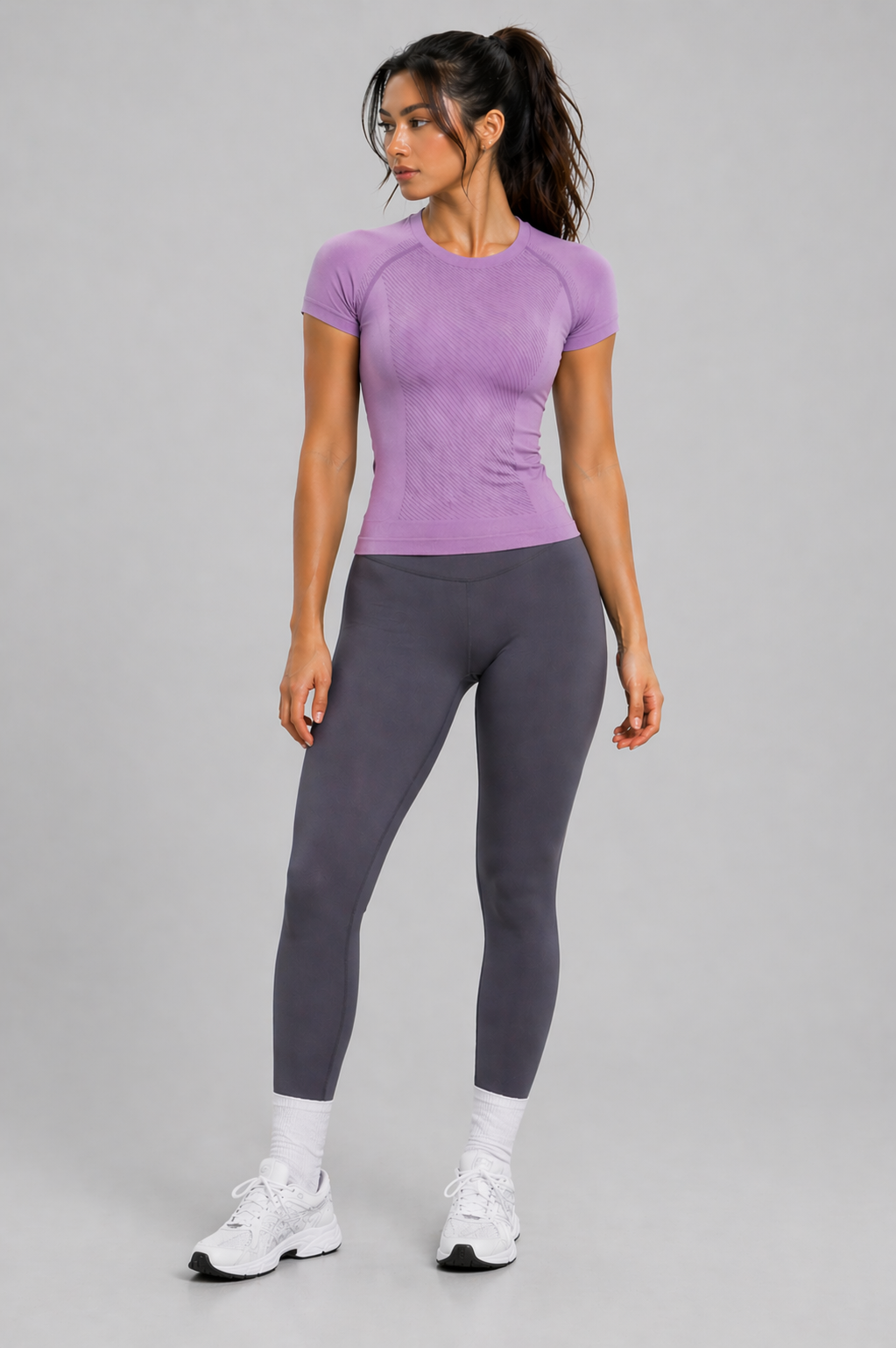 seamless gym t shirt women purple full body outfit
