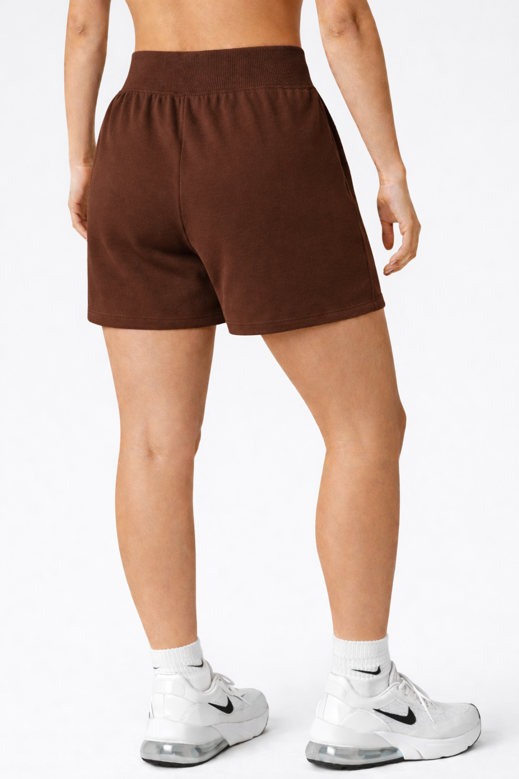 high waist sweat shorts women back view brown