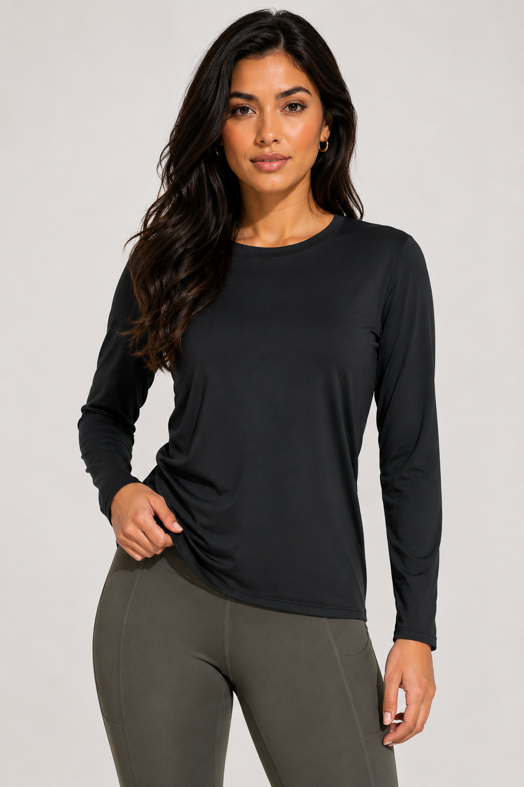 women’s long sleeve active top black front view