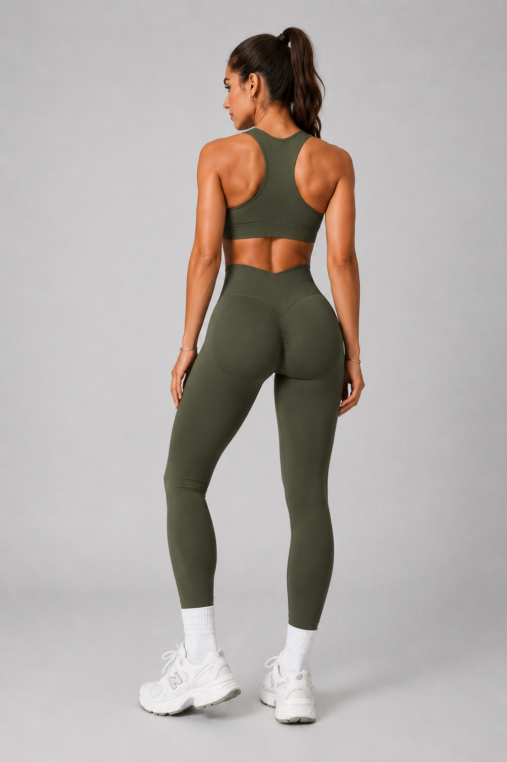 v waist seamless leggings green standing pose
