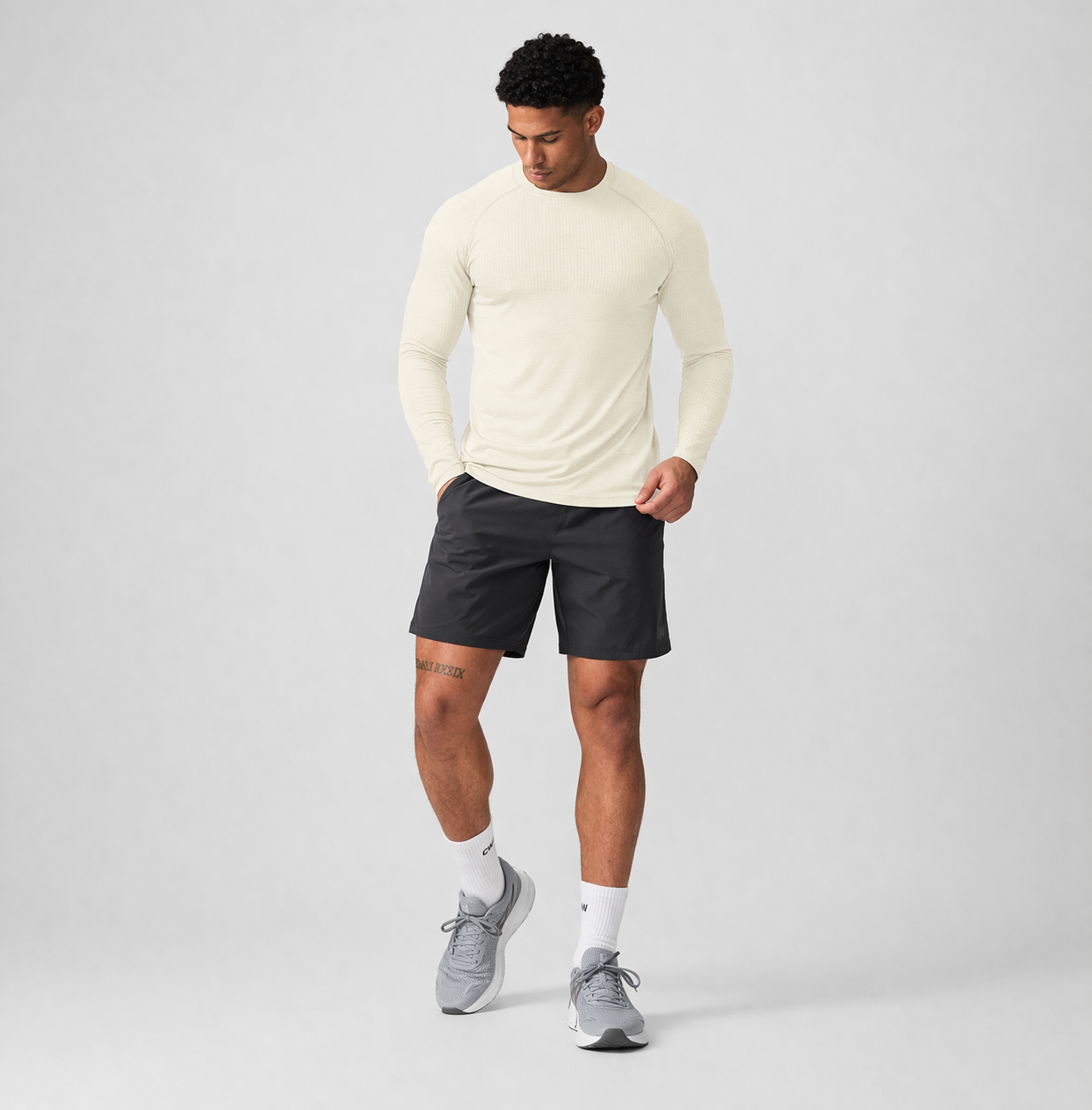 mens long sleeve training shirt beige front view