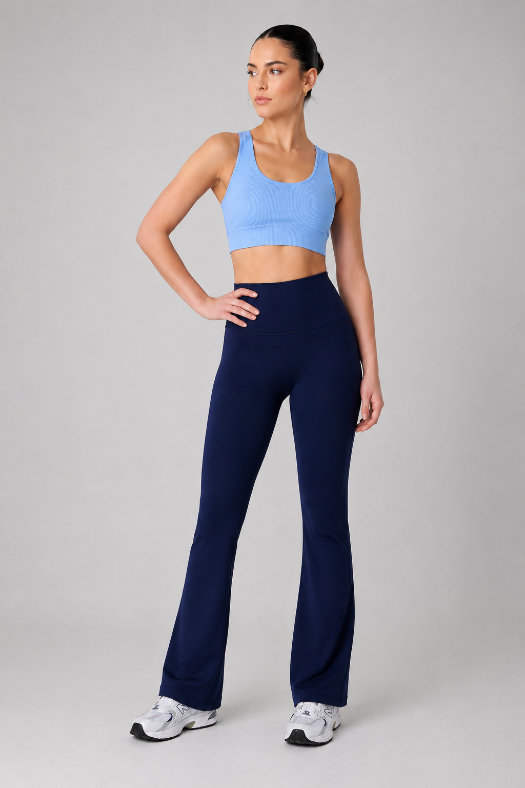 high waist flare leggings deep navy blue full body standing