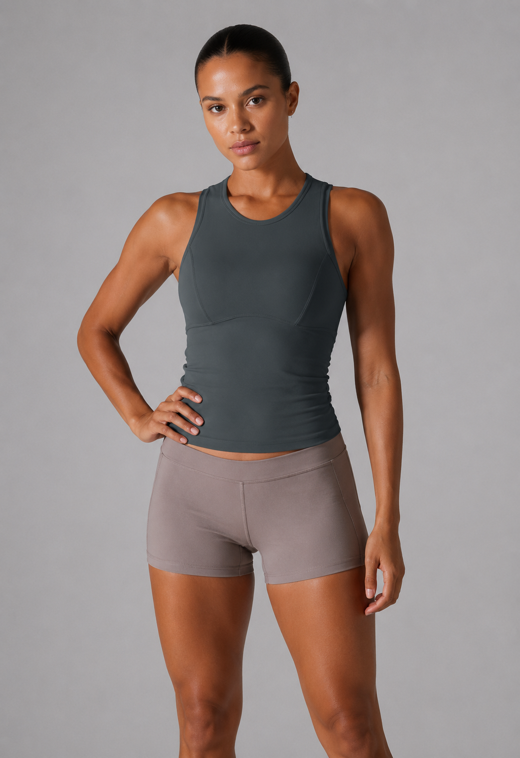 sport tank top women blue gray front view full outfit