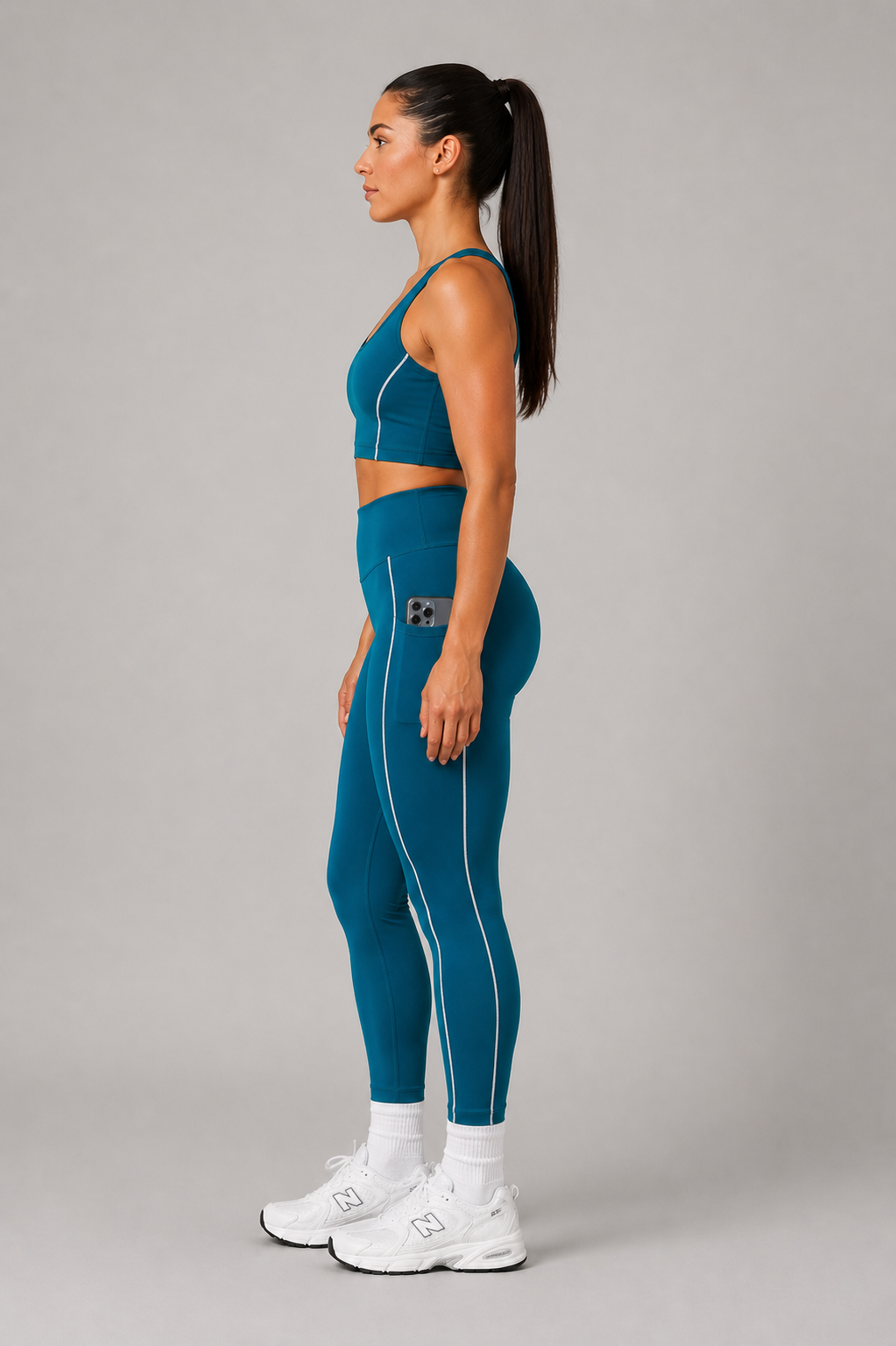 high waist pocket leggings sea  blue full body view