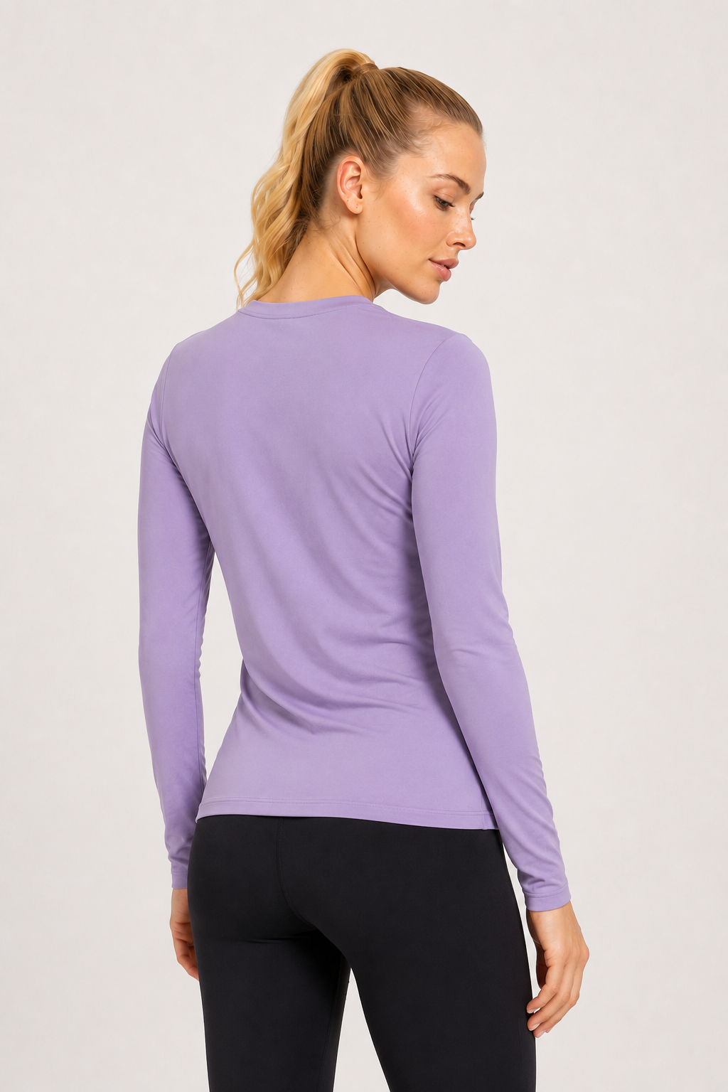 women’s long sleeve active top light purple back view
