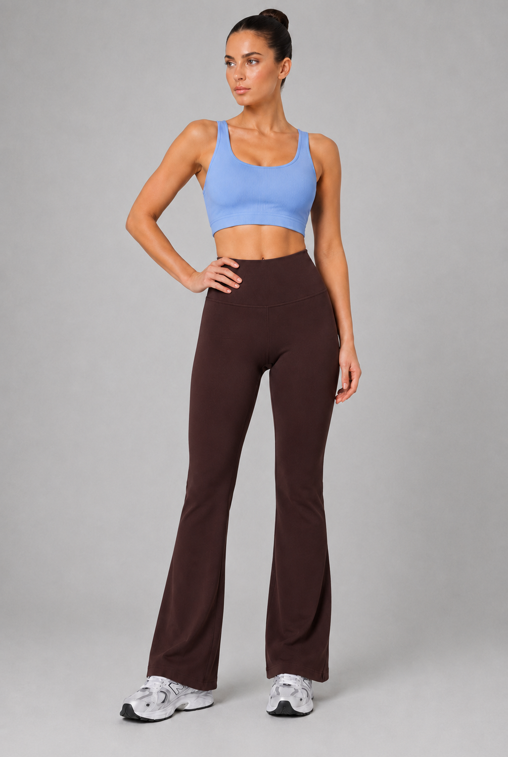 high waist flare leggings distilled coffee full body outfit