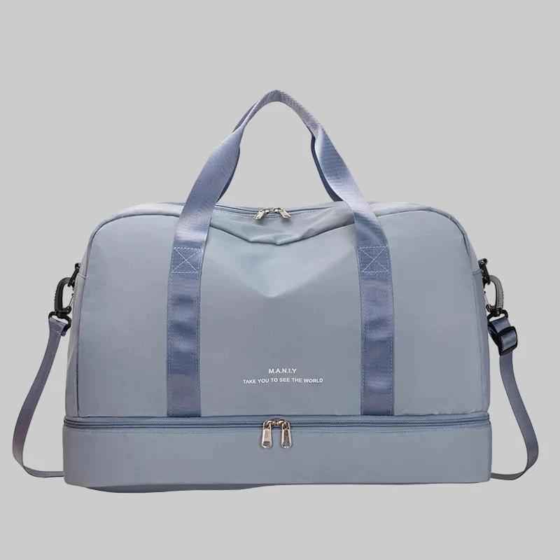 travel duffel bag light blue front view