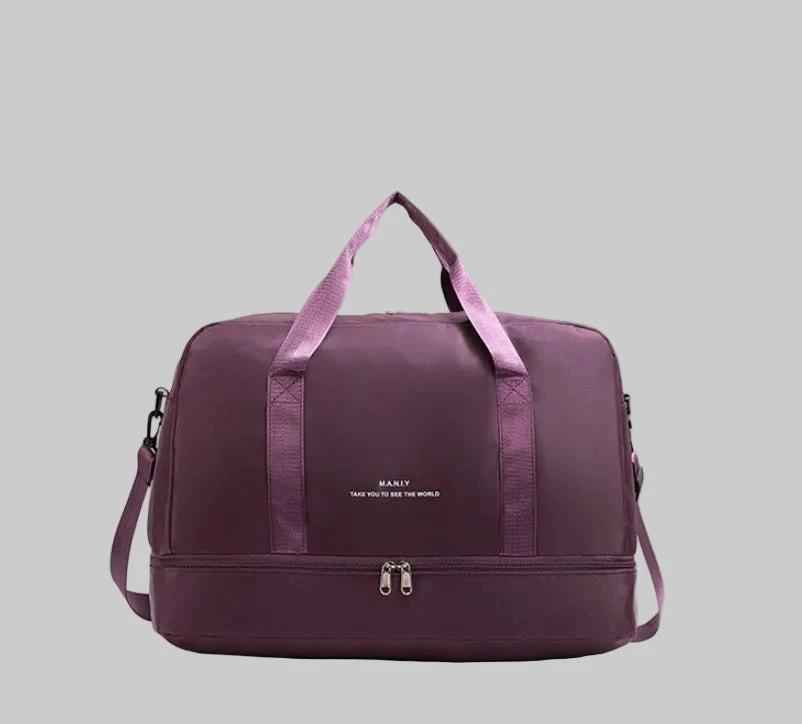 travel duffel bag purple front view